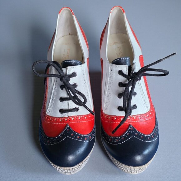 NWOT PERA DONNA ( 7.5 ) Red/White/Blue Gold Detail Lace Up Distressed Heels - Picture 5 of 10